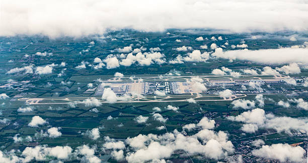 aerial of Munich Airport in the erdinger moos aerial of Munich Airport in the erdinger moos, Germany munich airport stock pictures, royalty-free photos & images