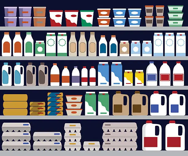 Vector illustration of Supermarket shelves with dairy products.