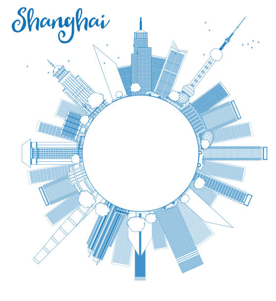 외형선 상하이 스카이라인, 블루 고층 - shanghai finance skyline backgrounds stock illustrations