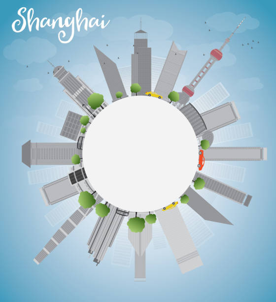 상하이 스카이라인의 환상적인 전망을 감상할 수 있는 고층 푸른 하늘, 그레이 - shanghai finance skyline backgrounds stock illustrations