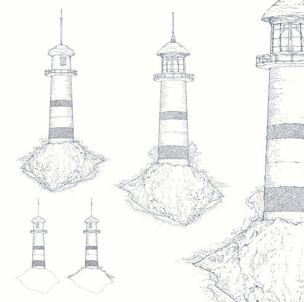 illustrations, cliparts, dessins animés et icônes de phare de nuit lumineux, seul sur blanc. - sea storm lighthouse rough