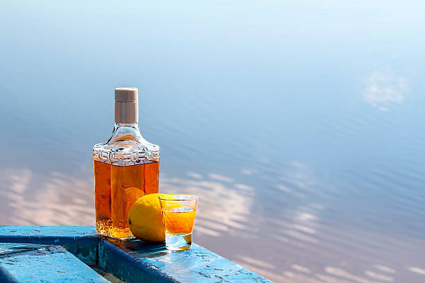 bottiglia di tequila e scatto con limone sulla riva del lago - gin decanter whisky bottle foto e immagini stock