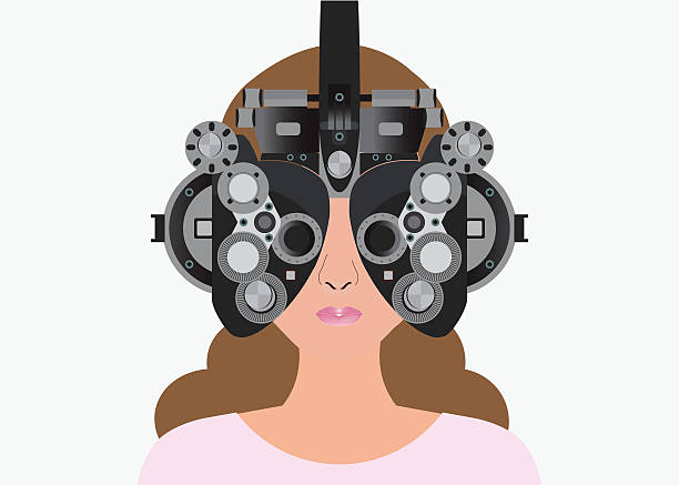 ilustrações, clipart, desenhos animados e ícones de mulher olhando através de foroptero durante o exame de vista. - patient senior adult optometrist eye exam