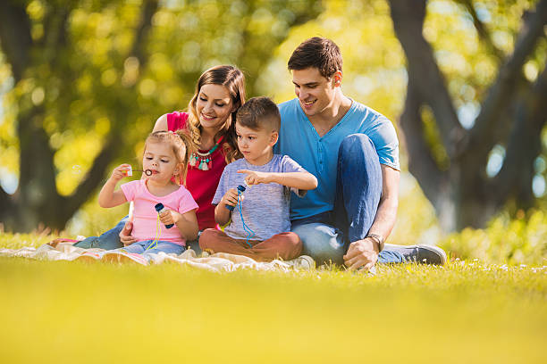 istock Small children blowing bubbles in nature with their parents. 538475498