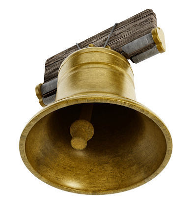 Brass church bell hanging on the old wood part isolated on white.