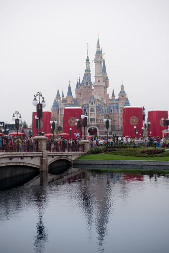 Shanghai, China - June 7, 2016: Enchanted Storybook Castle, which is the tallest, largest, and the most interactive Disney Castle in the world in Shanghai Disneyland Park, located in Chuansha New Town of Pudong New Area, is officially confirmed to open on June 16th, 2016. Is the sixth in the world and the second in China (after Hong Kong Disneyland).
