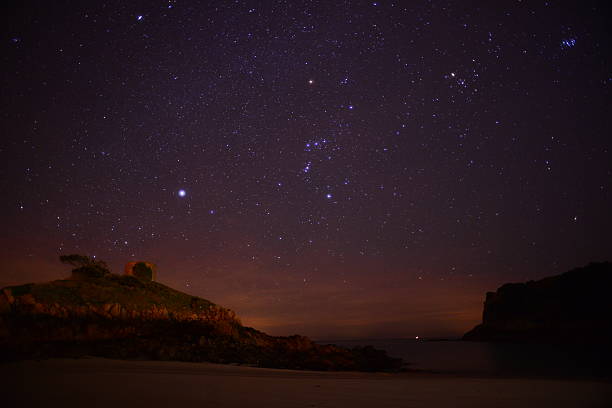 Wide angle astrophotography image using a long exposure and high ISO, of a beach vista and Orion in the heavens.