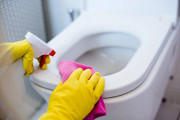 Woman in yellow rubber gloves cleaning toilet stock photo