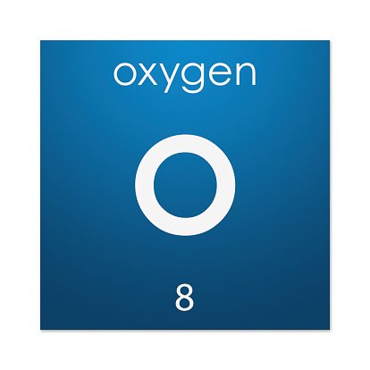 Gloss coloured tile with name, symbol and atomic number - or number of protons - of the chemical element Oxygen.