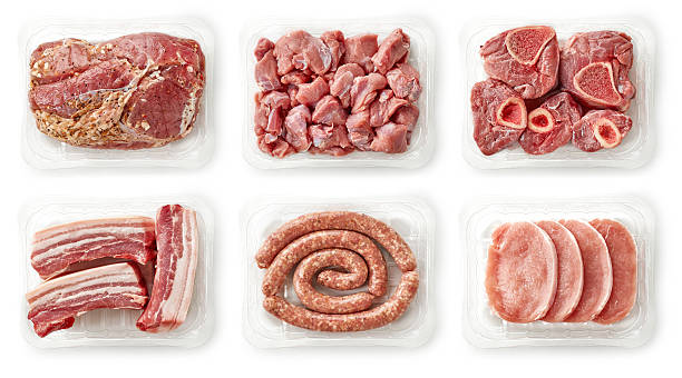 fresh raw meat on white background various fresh raw meat isolated on white background, top view uncooked bacon stock pictures, royalty-free photos & images