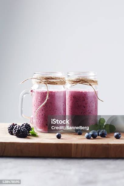 Jars Of Fresh Homemade Fruit Smoothie Studio Stock Photo - Download Image Now - 2015, Berry Fruit, Blackberry - Fruit