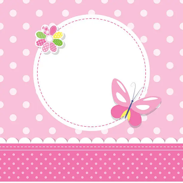 Vector illustration of pink butterfly baby girl greeting card