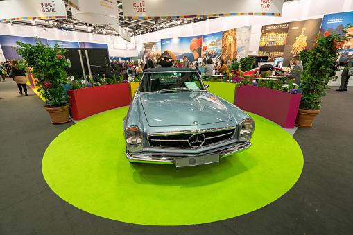 Berlin, Germany - March 10, 2016: A Mercedes-Benz W113 1969 280 SL featured by All Time Stars during the ITB Berlin 2016, one of Germany's biggest travel fairs held in Messe Berlin in Berlin, Germany.