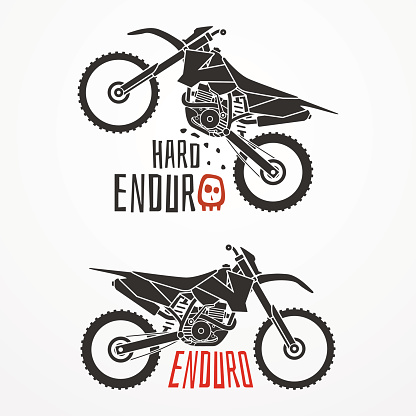 Enduro motorcycle logo in silhouette style. Four-stroke enduro motorcycle with sample text. Hard enduro motorcycle vector stock illustration. Set of two enduro motorcycle emblems.
