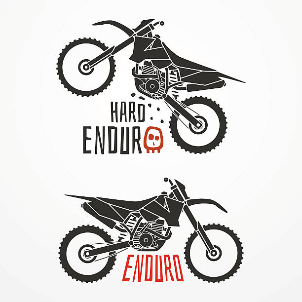 Enduro motorcycle logo Enduro motorcycle logo in silhouette style. Four-stroke enduro motorcycle with sample text. Hard enduro motorcycle vector stock illustration. Set of two enduro motorcycle emblems. 4 wheel motorbike stock illustrations