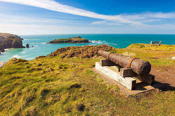 Mullion Cove Cornwall Cannon Overlooking Mullion Cove Cornwall England UK Europe mullion cove stock pictures, royalty-free photos & images