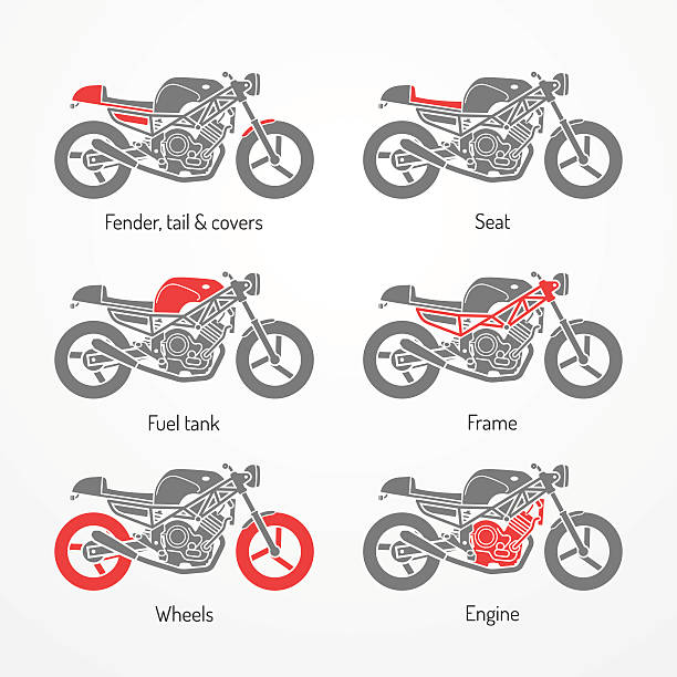 Motorcycle parts road Collection of classic road motorcycle parts. Road motorcycle symbols in silhouette style. Road motorcycle vector stock illustration. Motorcycle store icons, wheels, frame, seat, tank, engine. cafe racer stock illustrations