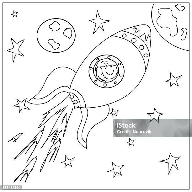 Spaceship Kids Coloring Page Stock Illustration - Download Image Now - Coloring Book Page - Illlustration Technique, Moon, Moon Surface