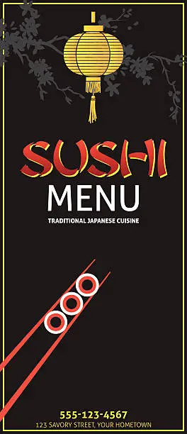 Vector illustration of Sushi Restaurant Menu Or Background With Paper Lantern And Chopsticks