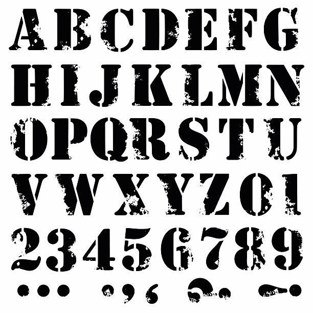 Grunge full alphabet and numbers Grunge full alphabet and numbers isolated on white stencil stock illustrations