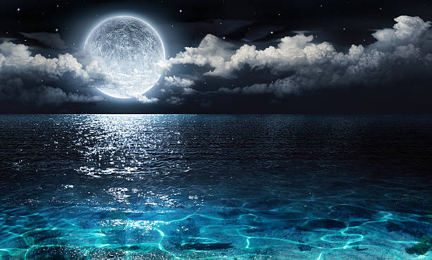 fantasy moon on transparent sea - in the night claudy romantic and scenic panorama with full moon on sea to night moonlight stock pictures, royalty-free photos & images