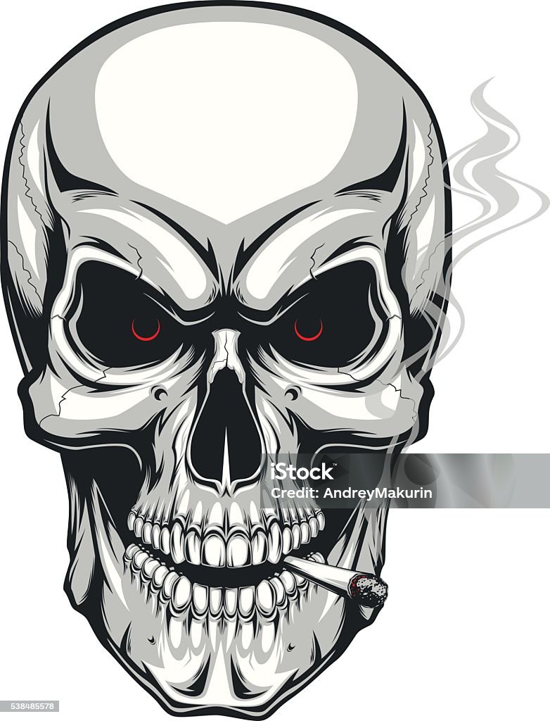 Evil skull with cigarette Vector illustration of an evil human skull smoking a cigarette on a white background Abstract stock vector