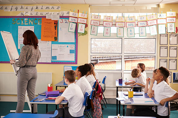 istock Primary school teacher writing on a flip chart in a lesson 538486886