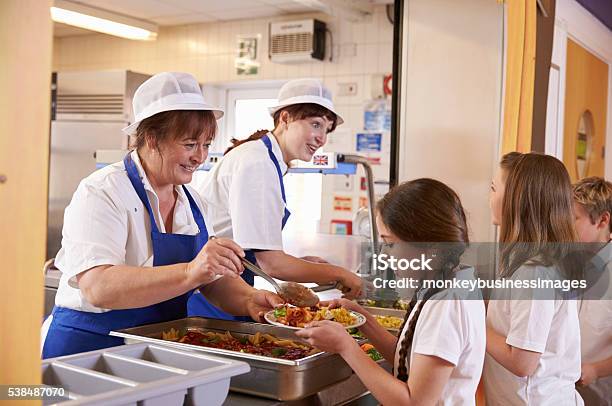 Photo libre de droit de Deux Femmes Qui Sert Des Plats Dune Jeune Fille Dans Une Cafétéria De Lécole banque d'images et plus d'images libres de droit de Serveuse de cantine