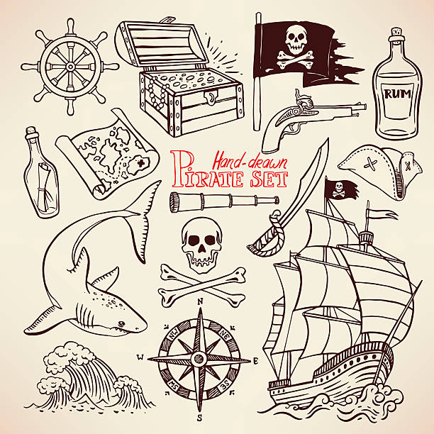 ilustrações de stock, clip art, desenhos animados e ícones de esboço conjunto de piratas - ship in a bottle bottle sailing ship nautical vessel