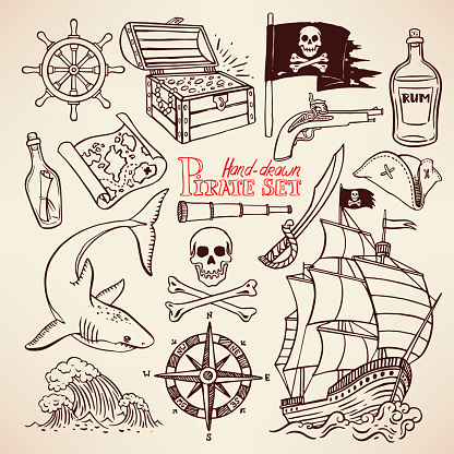 sketch pirate set. collection of hand-drawn pirate paraphernalia. pirate flag, ship, navigation attributes