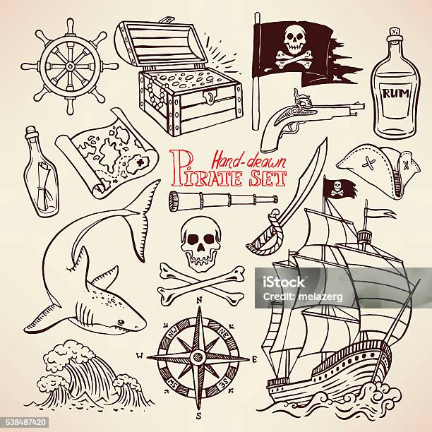 Sketch Pirate Set Stock Illustration - Download Image Now - Drawing - Activity, Drawing - Art Product, Treasure Chest