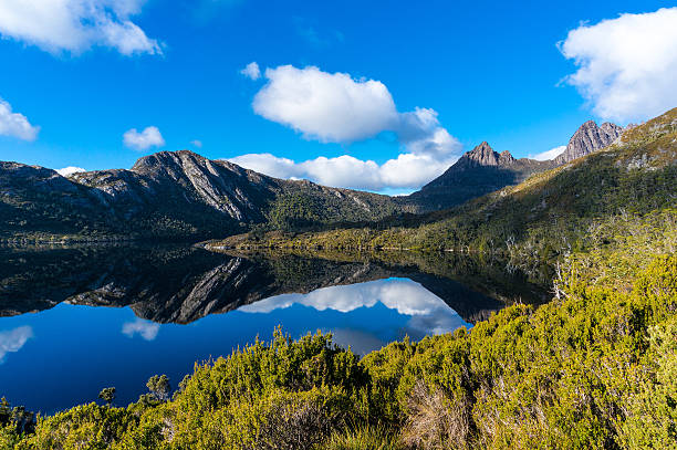 Cradle Mountain and Lake Dove Cradle Mountain on clear day reflected in Dove Lake. Cradle Mountain - Lake St Clair National Park, Tasmania, Australia tasmanian stock pictures, royalty-free photos & images