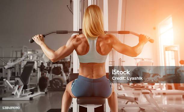 Chica Rubia Gimnasio Foto de stock y más banco de imágenes de Espalda - Partes del cuerpo - Espalda - Partes del cuerpo, Vista posterior, Musculoso