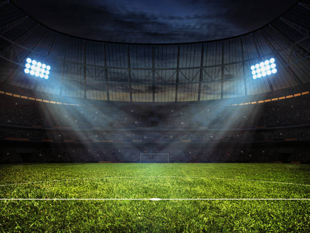 Soccer football stadium with floodlights Sport concept background - soccer footbal stadium with floodlights. Grass football pitch with mark up and soccer goal with net floodlight photos stock pictures, royalty-free photos & images