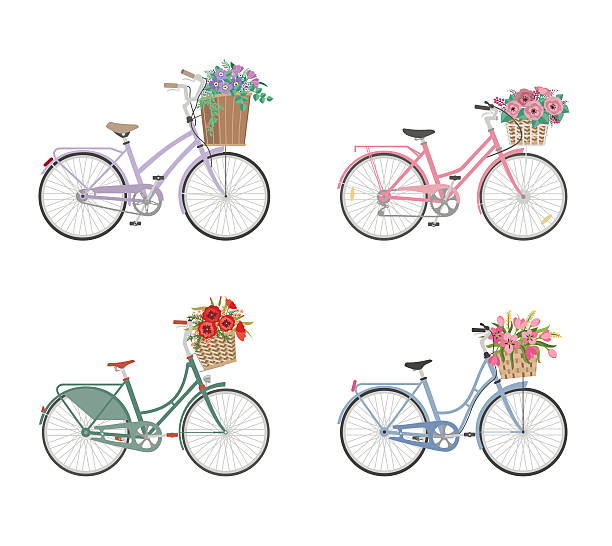 ein satz von fahrrad mit korb voller blumen - fahrradkorb stock-grafiken, -clipart, -cartoons und -symbole