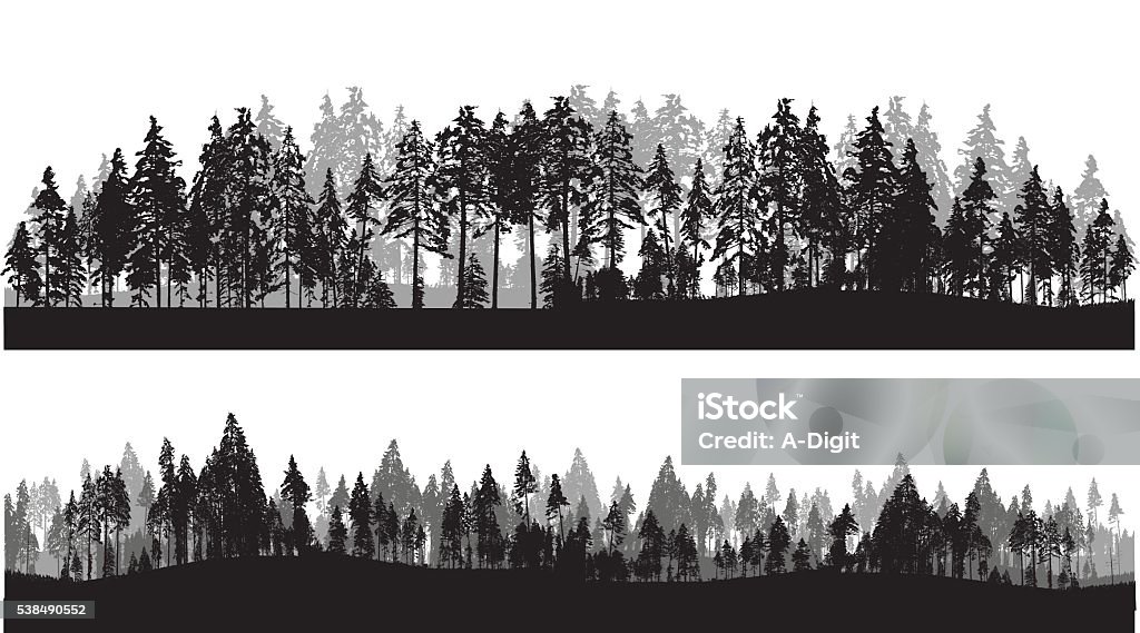 Treeline Header A vector silhouette illustration of two lines of trees including a closer looks a a row of pine trees and a further away view. Treelined stock vector