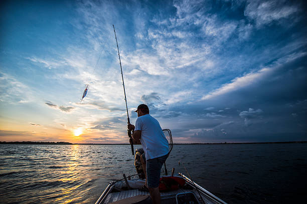 coucher de soleil sur le lac - fishing photos et images de collection