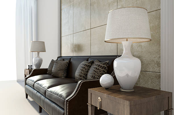 istock 3d rendering brown leather sofa with  lamp in bright room 538491632