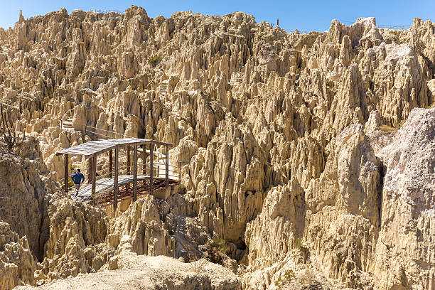 Bizzare Moon Valley geological formations, lunar shape cliffs Bo Unique geological formations cliffs shapes, Moon Valley park, La Paz mountains, Bolivia tourist travel destination. bolivia rock bolivian culture valle de la luna stock pictures, royalty-free photos & images