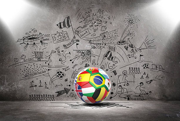 3D football soccer ball with nations teams flags 3d soccer ball in front of the soccer doodle wall algeria soccer stock pictures, royalty-free photos & images