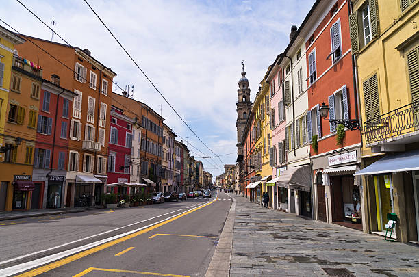 Brigthly colored houses at downtown of Parma, Emilia-Romagna