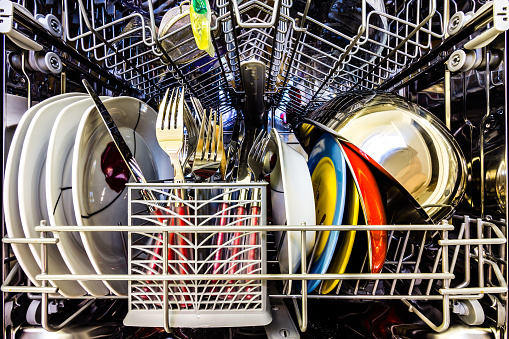 Dish washer full of clean dishes, colorful