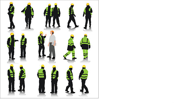 ilustrações de stock, clip art, desenhos animados e ícones de trabalhadores de construção - construction worker silhouette people construction