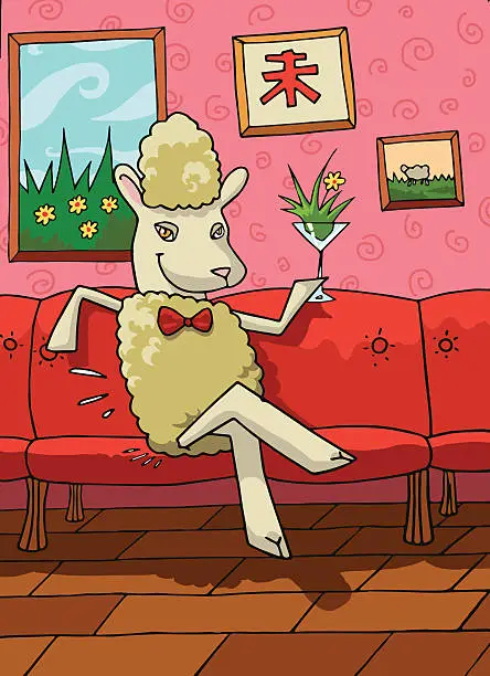 Vector illustration of The cartoon sign of chinese horoscop sheep with cocktail