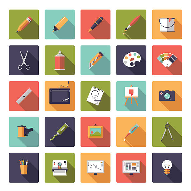 Art and design flat icon vector collection Collection of 25 flat art and design related vector icons in square shape with rounded corners crayon photos stock illustrations