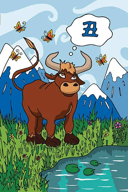 Vector illustration of the cartoon sign of chinese horoscop bull outdoors