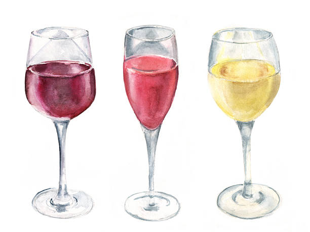 워터컬러 와인 세트 (흰색 배경) - wineglass illustration and painting isolated on white clipping path stock illustrations