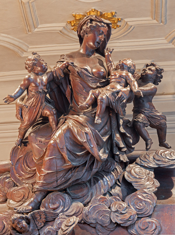 Antwerp - Carved baroque Madonna in St. Charles Borromeo church from 18. cent. on September 5, 2013 in Antwerp, Belgium