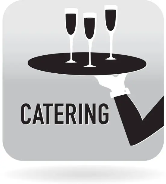 Vector illustration of Catering icon with text tray and champagne glasses