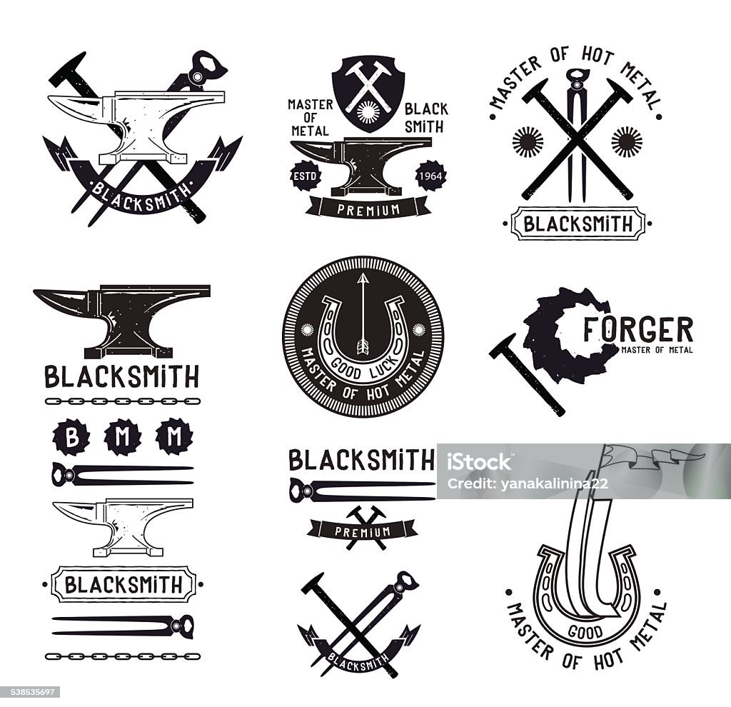 Set of vintage blacksmith logo, labels and design elements Set of vintage blacksmith logo, labels and design elements. Tongs, hammers and an anvil. Anvil stock vector